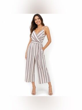 Banana Republic Striped Crop Jumpsuit Wrap V-Neck Tie Waist Wide Leg Size 4